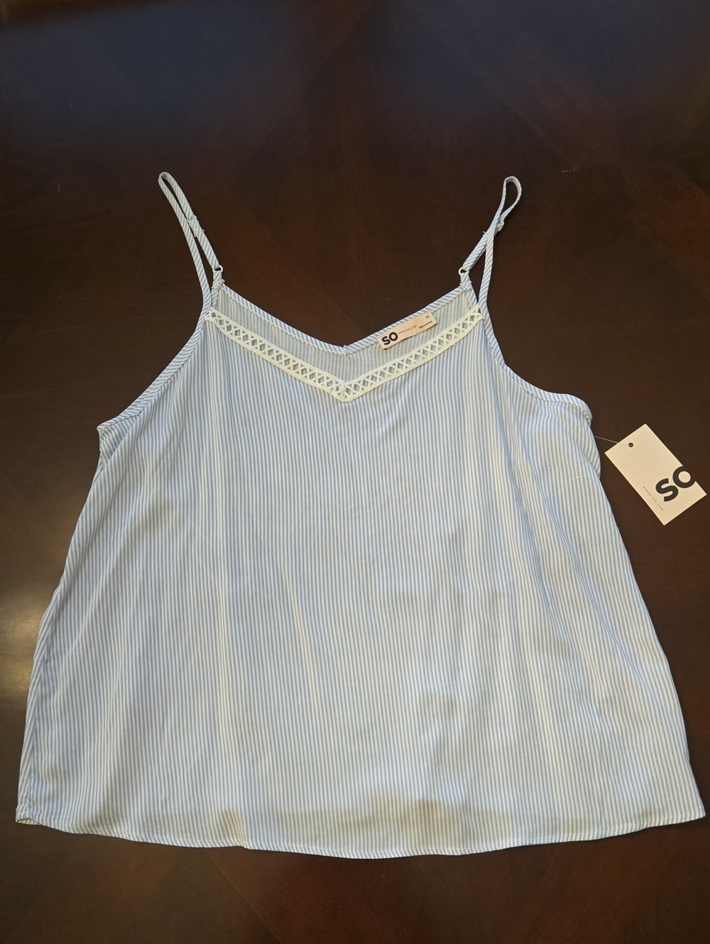 SO Light Blue and White Striped Lace-Trim Tank